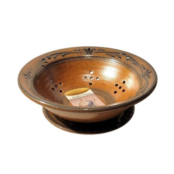 NEW Studio Art Pottery Berry Bowl Colander Strainer & Liner Plate Shaffer Signed - Picture 1 of 12